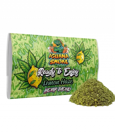 Lemon Haze Hemp Blend by Iguana Smoke with a pile of premium ground CBD flowers