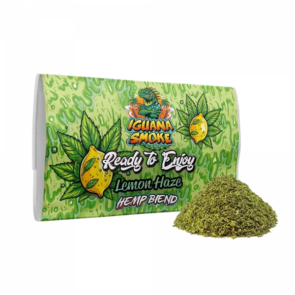 Lemon Haze Hemp Blend by Iguana Smoke with a pile of premium ground CBD flowers