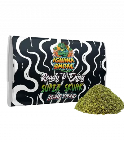 Super Skunk Hemp Blend from Iguana Smoke with a mound of ground CBD flowers