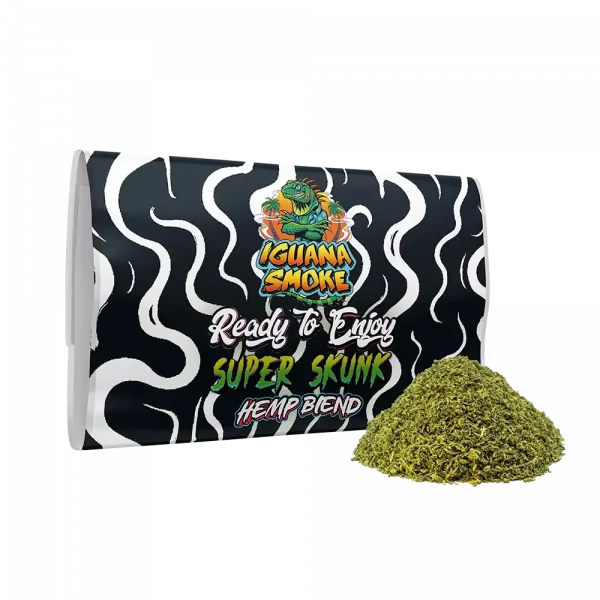 Super Skunk Hemp Blend from Iguana Smoke with a mound of ground CBD flowers