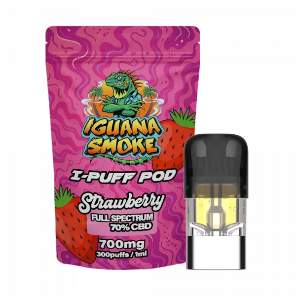 Strawberry 1ml CBD Vape I-Puff Replacement Pod with 700mg full-spectrum CBD and CCELL ceramic coil by Iguana Smoke