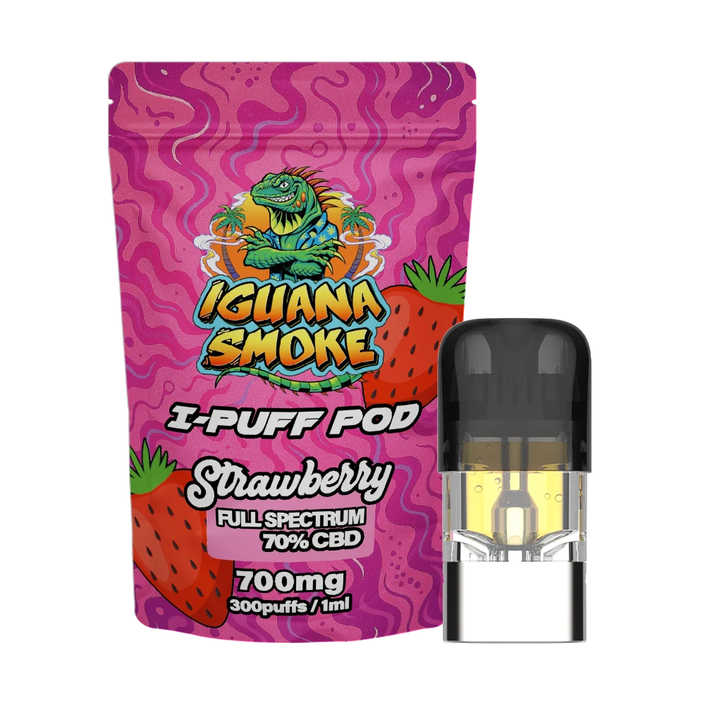 Strawberry 1ml CBD Vape I-Puff Replacement Pod with 700mg full-spectrum CBD and CCELL ceramic coil by Iguana Smoke