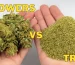 Comparison of CBD flowers vs CBD trim shown in two hands – premium CBD buds versus ground hemp biomass