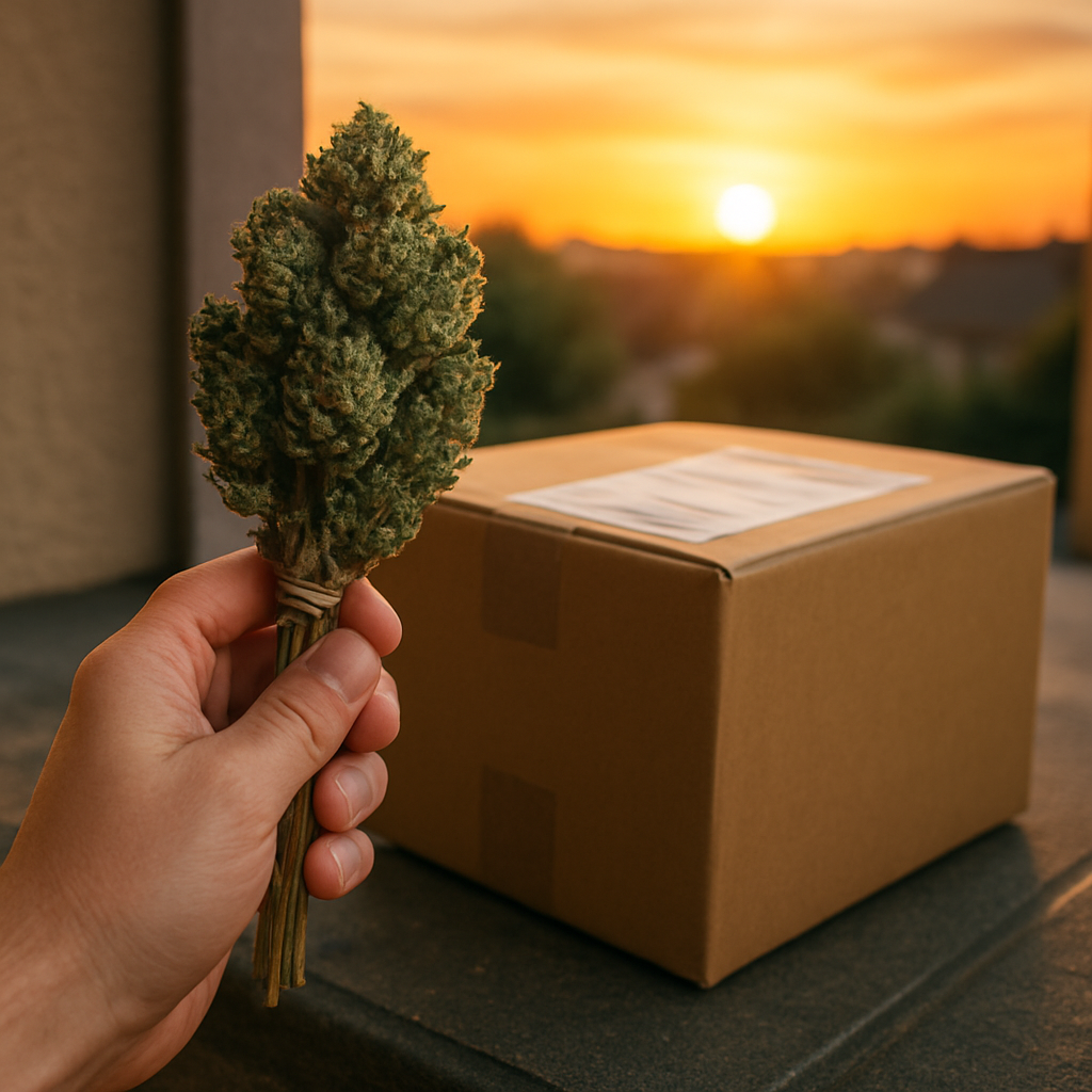 Hand holding legal hemp flowers with a delivery box at sunset, representing discreet UK hemp shipping.