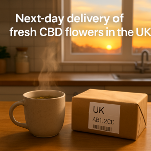 Parcel labelled “UK” beside a steaming mug on a kitchen counter at sunset, representing next-day delivery of legal CBD flowers in the UK.