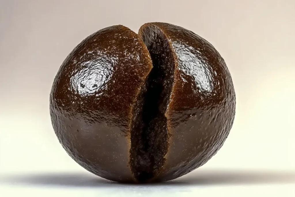 Creamy dark CBD hash ball split open, showing a soft resin interior with a glossy golden-brown texture – legal THC-free hash available in the UK.