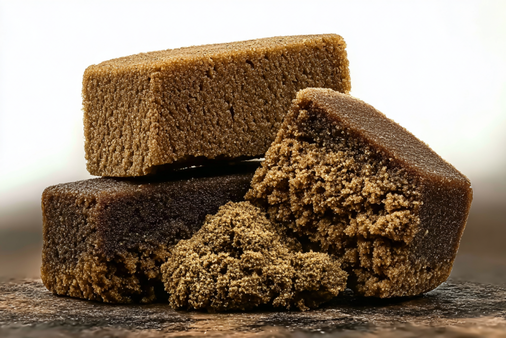 Golden-brown CBD hash pieces with fluffy, creamy texture stacked in a premium product shot – legal THC-free hash UK.