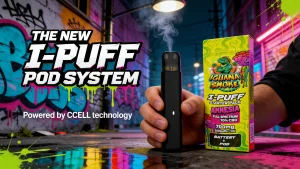 Iguana Smoke I-Puff CBD pod system with starter pack box in an urban street setting