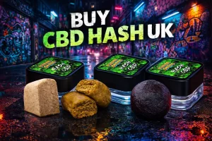 Urban scene showing three varieties of CBD hash with Iguana Smoke packaging and the text “Buy CBD Hash UK”