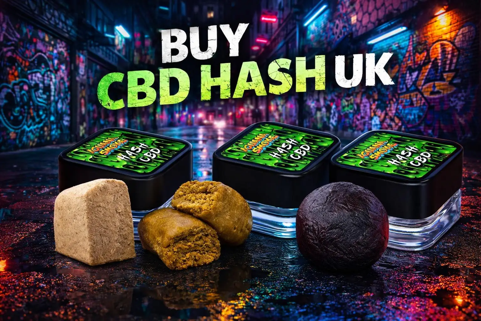 Urban scene showing three varieties of CBD hash with Iguana Smoke packaging and the text “Buy CBD Hash UK”