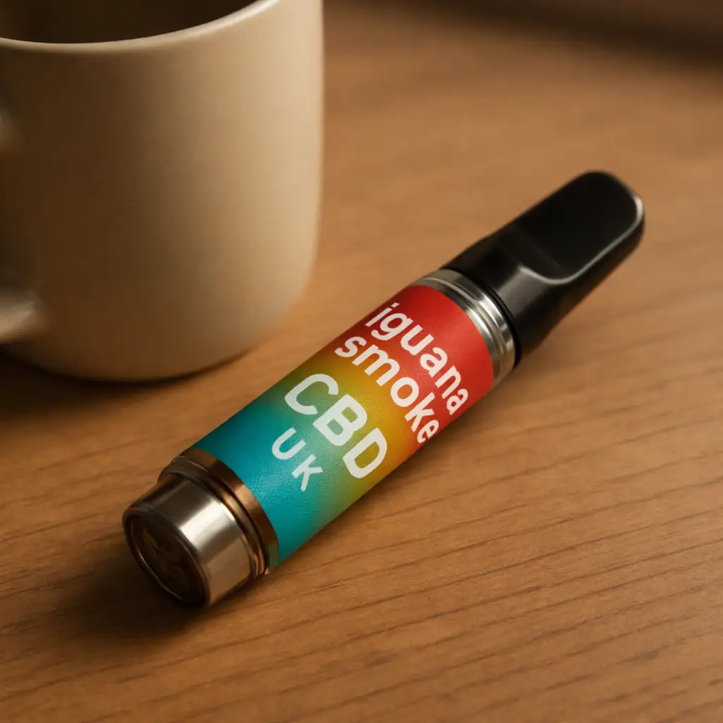 Iguana Smoke CBD vape pen labelled “CBD UK” on a wooden table next to a cup of coffee