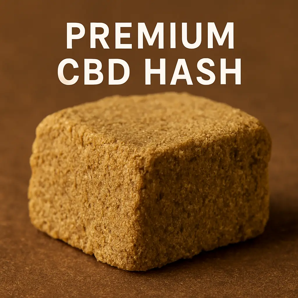 Block of premium CBD hash made from legal hemp on a brown background