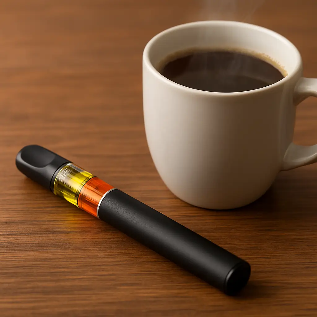 Legal CBD vape pen on a wooden table next to a hot cup of coffee