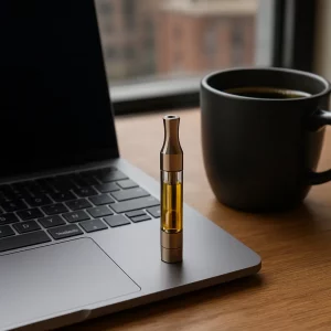 Vape de CBD con cartucho de aceite dorado junto a portátil y taza de café