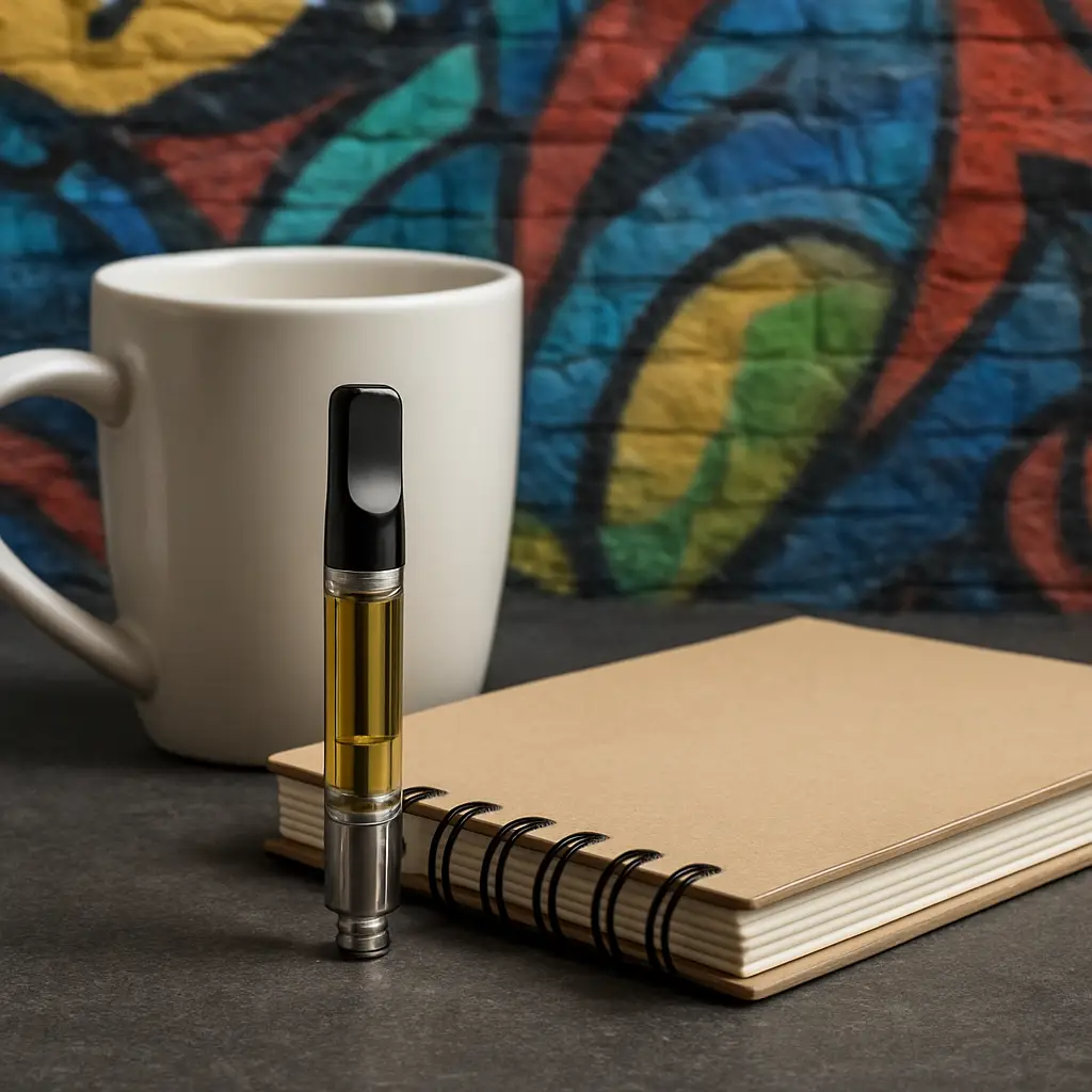 CBD vape cartridge with golden oil next to notebook and coffee mug