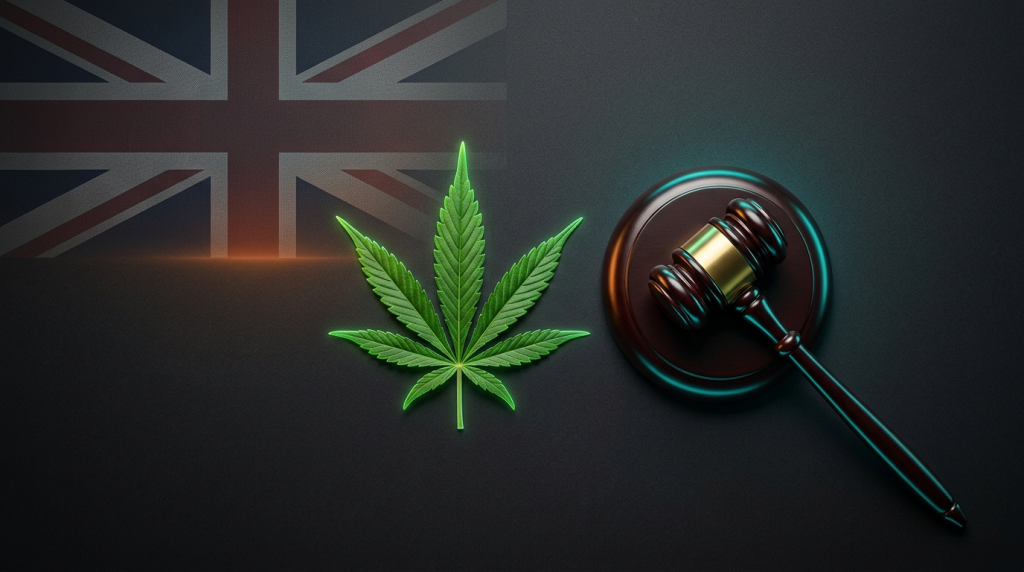 Hemp leaf and gavel over a Union Jack flag symbolising the UK's 2026 CBD legal and FSA novel food law changes