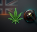 Hemp leaf and gavel over a Union Jack flag symbolising the UK's 2026 CBD legal and FSA novel food law changes