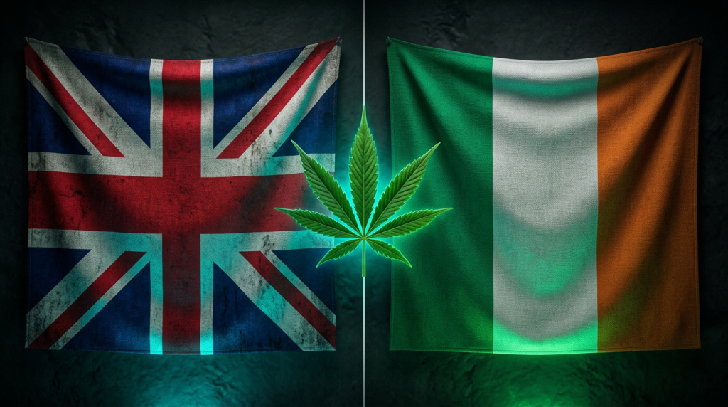 Hemp leaf between the UK and Ireland flags representing the different CBD and cannabis laws in each country in 2026